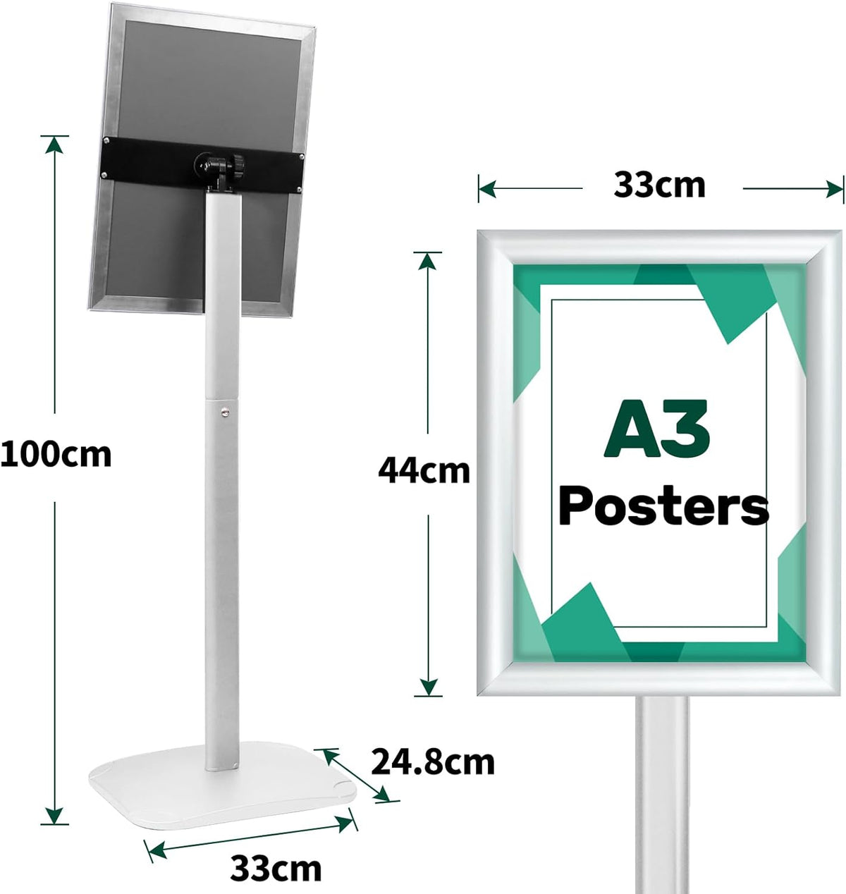 A3 Posterstandaard Set Van 3 Zilver – Posterstandaard – Bordstandaard – Bordhouder – Menustandaard – Verzwaarde Voet 2,6 Kg – Open Klikframe Met UV-Bestendige PVC Hoes