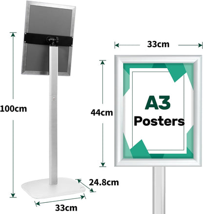 A3 Posterstandaard Set Van 3 Zilver – Posterstandaard – Bordstandaard – Bordhouder – Menustandaard – Verzwaarde Voet 2,6 Kg – Open Klikframe Met UV-Bestendige PVC Hoes