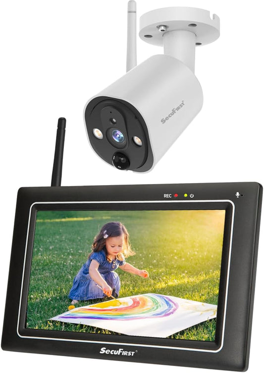 SecuFirst Bewakingscamera voor buiten, kit met binnenmonitor, 7-inch touchscreen, 2TB uitbreidbaar geheugen, zonder wifi, 2K camerabewaking, 32GB lokaal geheugen.