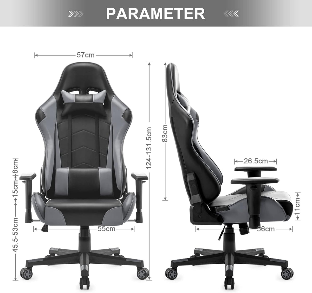 IntimaTe WM Heart Gaming stoel, ergonomische bureaustoel, verstelbare bureaustoelen, verstelbare racestoelen, pc-gamingstoel met hoge rugleuning met armen en rugsteun,52 * 54 * 14,Grijs