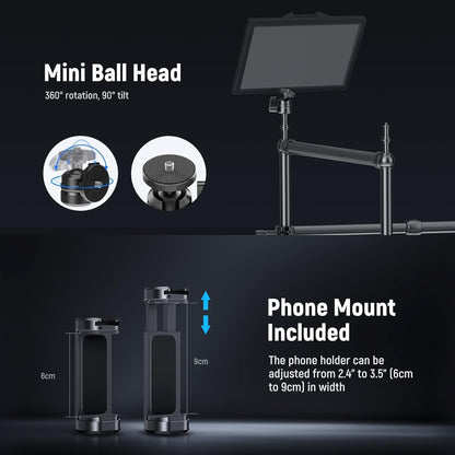 NEEWER Overhead Camera Mount Rig met Dual Ball Head Super Klem/Telefoon Houder/C Klem voor Desktop Top Down Shots, Metalen Multi Device Mount Platform voor Fotografie Live Streaming Video Making,