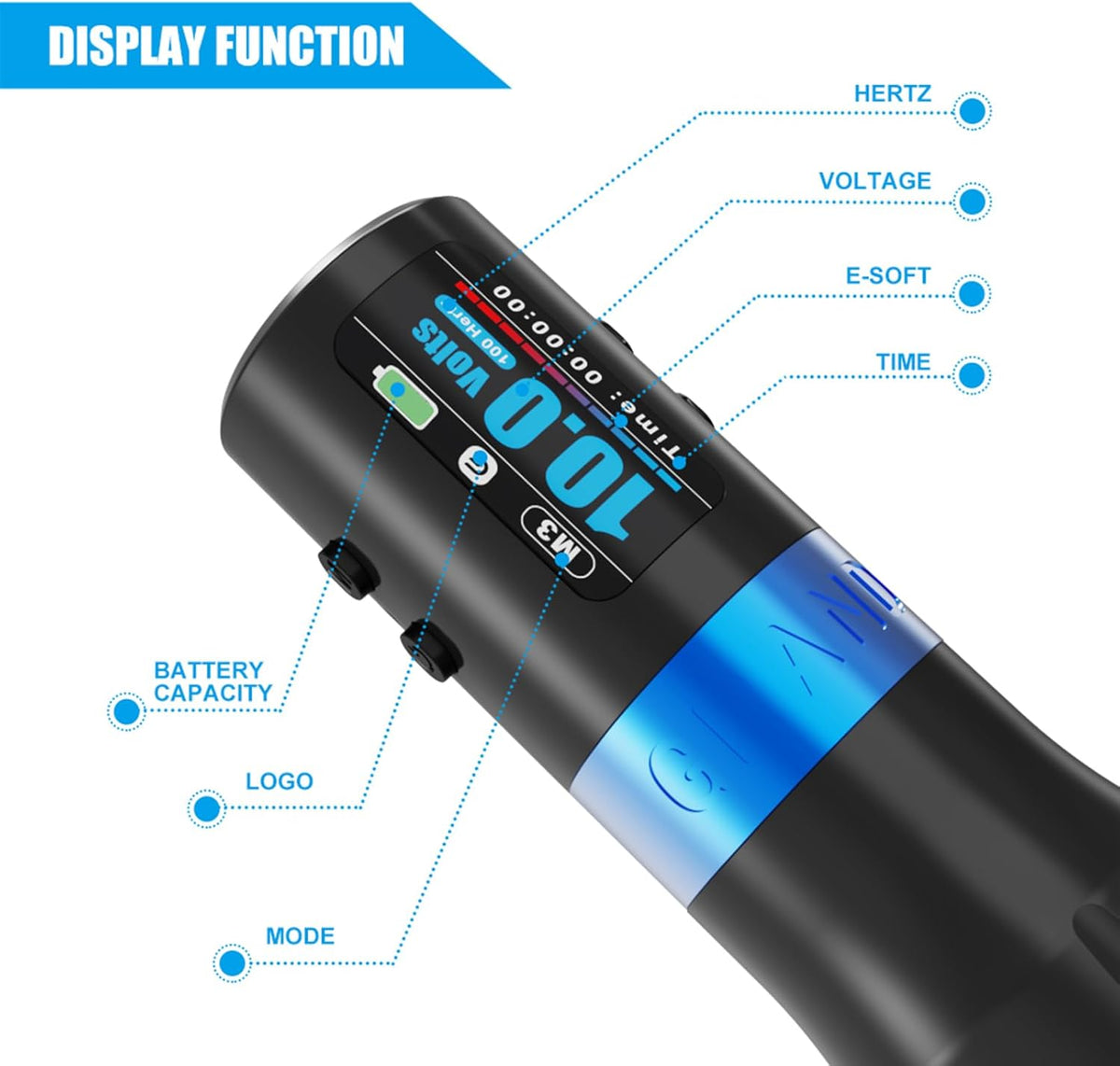 EMALLA GRAND G4 Draadloze tattoo-penmachine (5,0 mm slag), slim led-scherm met 2 duurzame batterijen en 34/38 mm handgrepen, professionele tattoo-kit