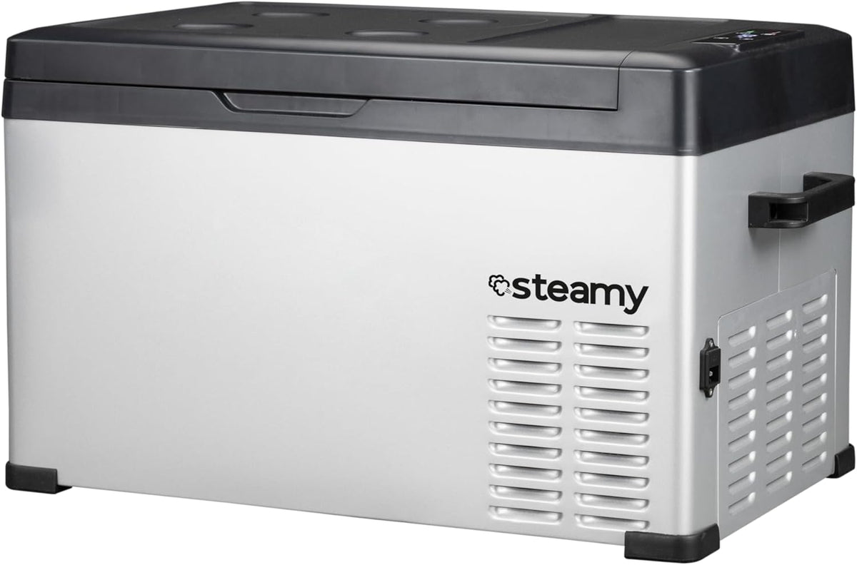 Steamy-E Single Zone 30, Elektrische Compressor Koelbox, 27 Liter, Zilver, 12V/230V, voor vriezen en koelen van -20 tot +20, ideaal voor op de camping