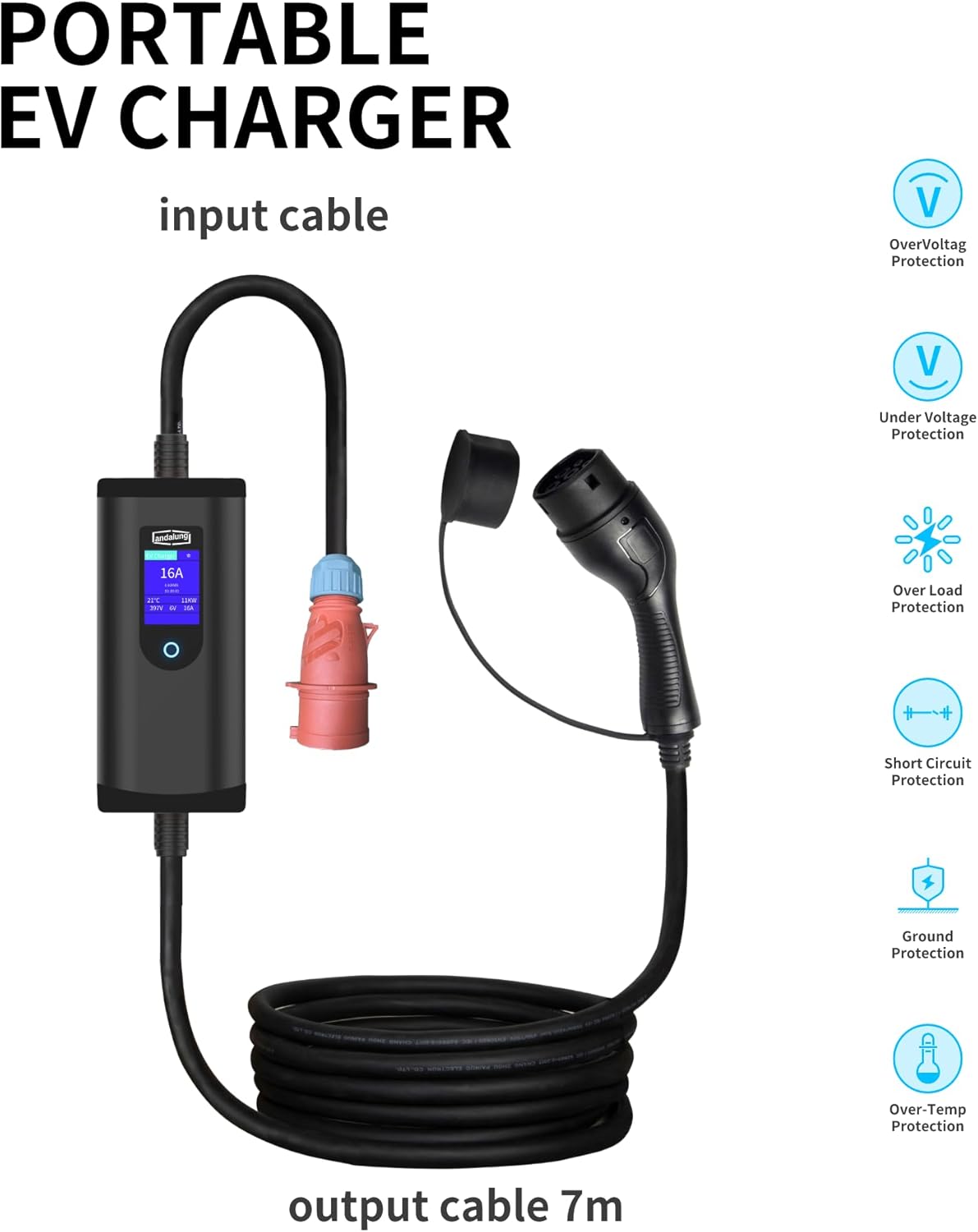 Draagbare EV-oplader, 11 kW, 3-fase, 6-16 A, met instelbare stroom, app-bediening, 7 m kap, IP65-bescherming, compatibel met alle PHEV/EV-voertuigen, wifi, bluetooth, rode CEE-stekker