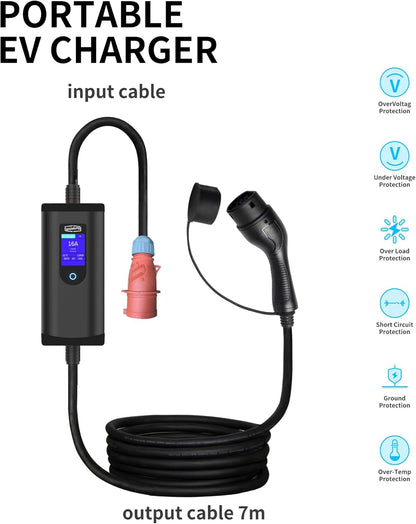 Draagbare EV-oplader, 11 kW, 3-fase, 6-16 A, met instelbare stroom, app-bediening, 7 m kap, IP65-bescherming, compatibel met alle PHEV/EV-voertuigen, wifi, bluetooth, rode CEE-stekker