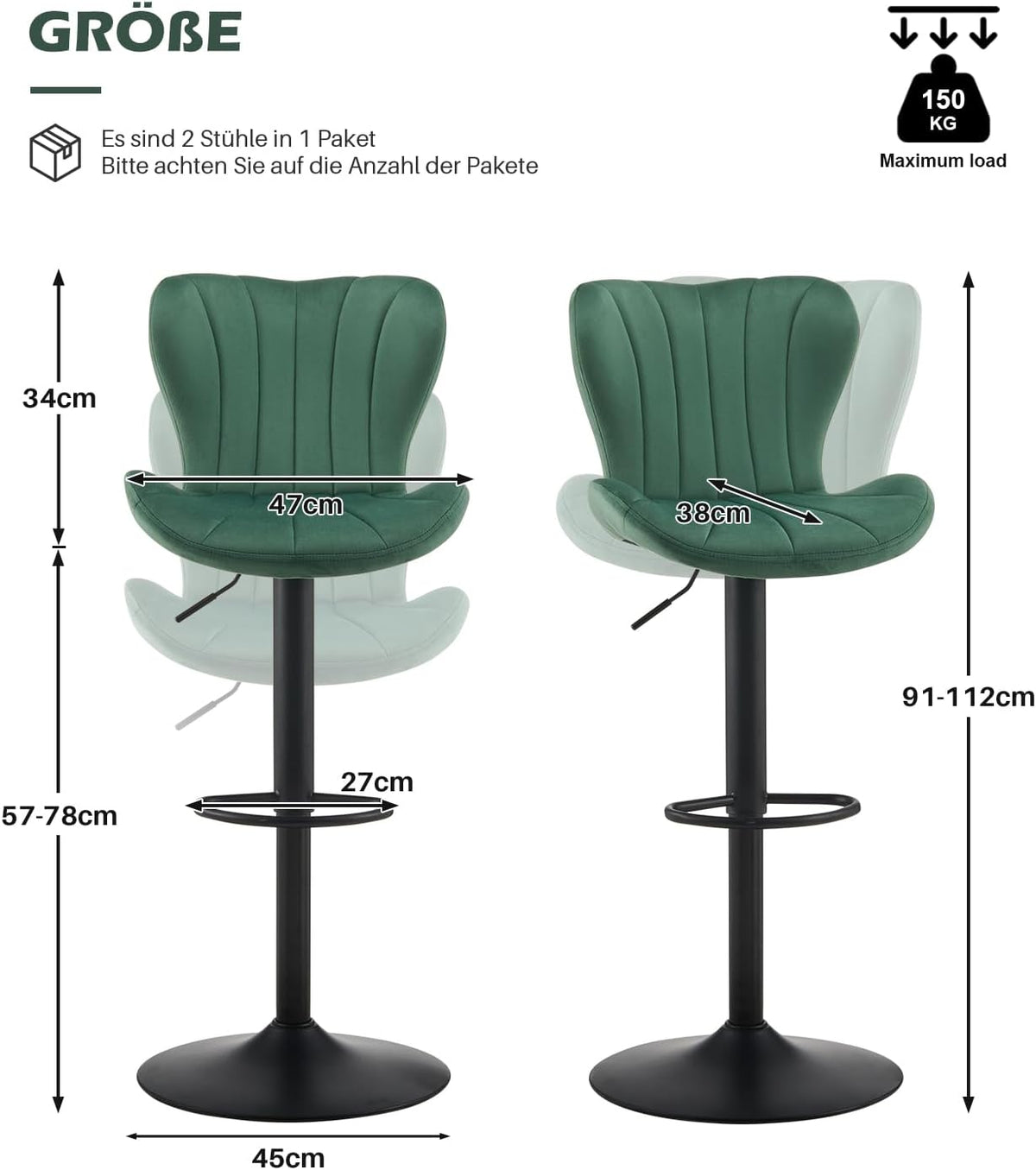 TUKAILAI Barkruk, set van 2, fluweel, barstoel, in hoogte verstelbaar, 360 graden draaibaar, kruk met rugleuning, voetensteun, metalen frame, moderne schaalvorm, keukenkruk, barkruk voor keukenbars