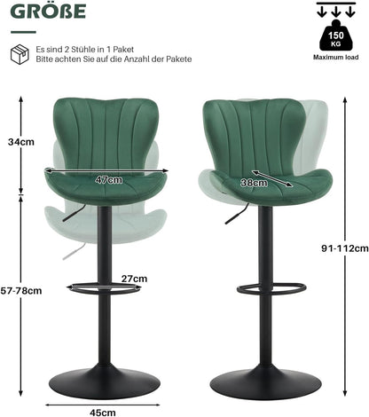 TUKAILAI Barkruk, set van 2, fluweel, barstoel, in hoogte verstelbaar, 360 graden draaibaar, kruk met rugleuning, voetensteun, metalen frame, moderne schaalvorm, keukenkruk, barkruk voor keukenbars