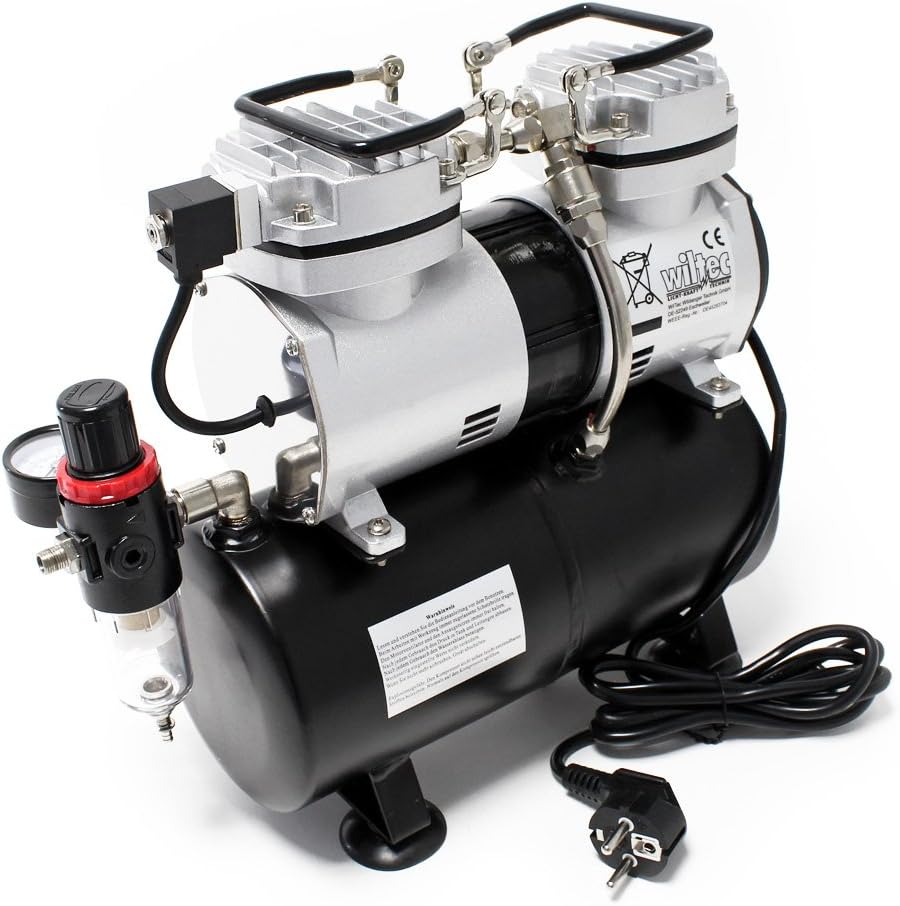 Wiltec airbrush compressor AS196 met luchttank 2-cilinder zuiger 6 bar automatische uitschakelfunctie