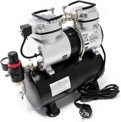 Wiltec airbrush compressor AS196 met luchttank 2-cilinder zuiger 6 bar automatische uitschakelfunctie