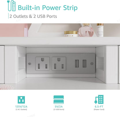 Witte make-uptafel met spiegel en verlichting, make-uptafel set voor kleine meisjes met stoel, make-upcommode met laden en stopcontact voor slaapkamer, klein
