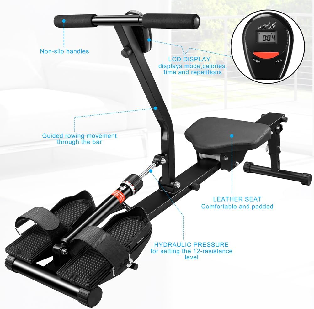 BAKAJI Rowing machine, foldable, space-saving and quiet, training device for indoor use, with LCD display and 12 resistance levels, gym, fitness, cardio (foldable rowing machine - QUORE