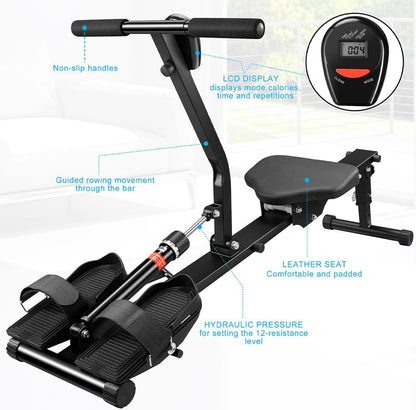 BAKAJI Rowing machine, foldable, space-saving and quiet, training device for indoor use, with LCD display and 12 resistance levels, gym, fitness, cardio (foldable rowing machine - QUORE