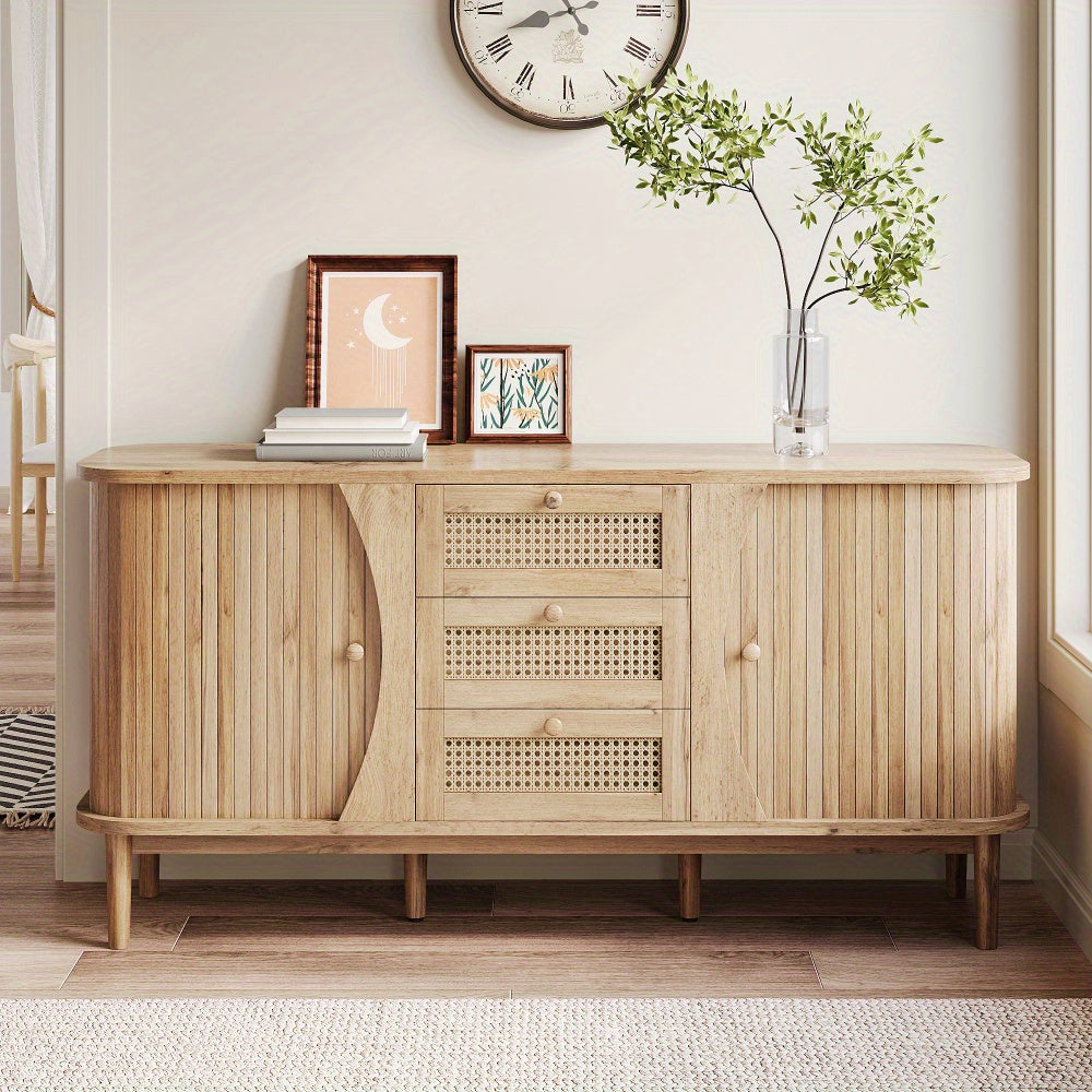 Modern Farmhouse Sideboard Cabinet with Sliding Doors - Natural Beige & Brown Storage Furniture, Adjustable Shelves, Entryway, Living Room, Dining Room Organizer - Easy Assembly Required, Entryway Furniture, Contemporary Desi