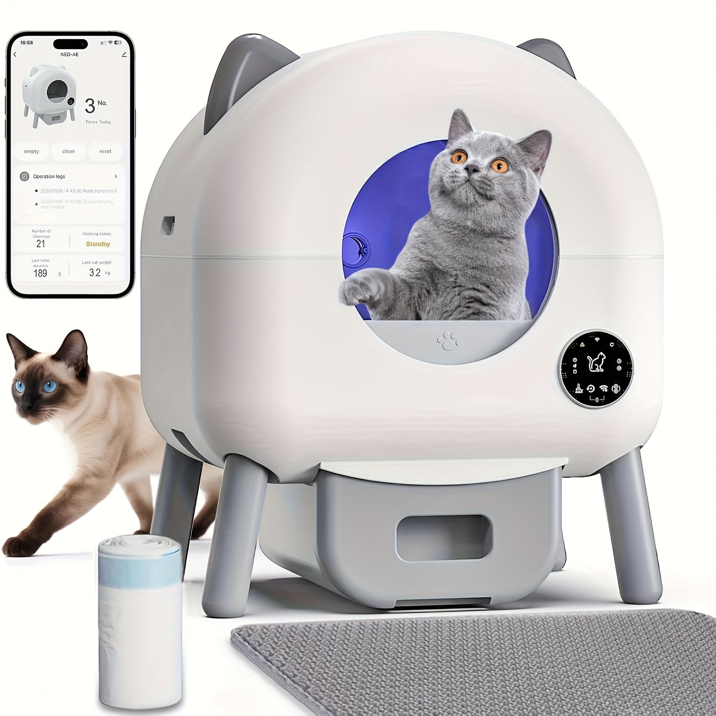 Automatische Kattenbak – Zelfreinigende Kattenbak – Elektrische Kattenbak – Kattenbak met App – XXL Kattenbak – Extra Grote Capaciteit 100L – Slimme Monitoring