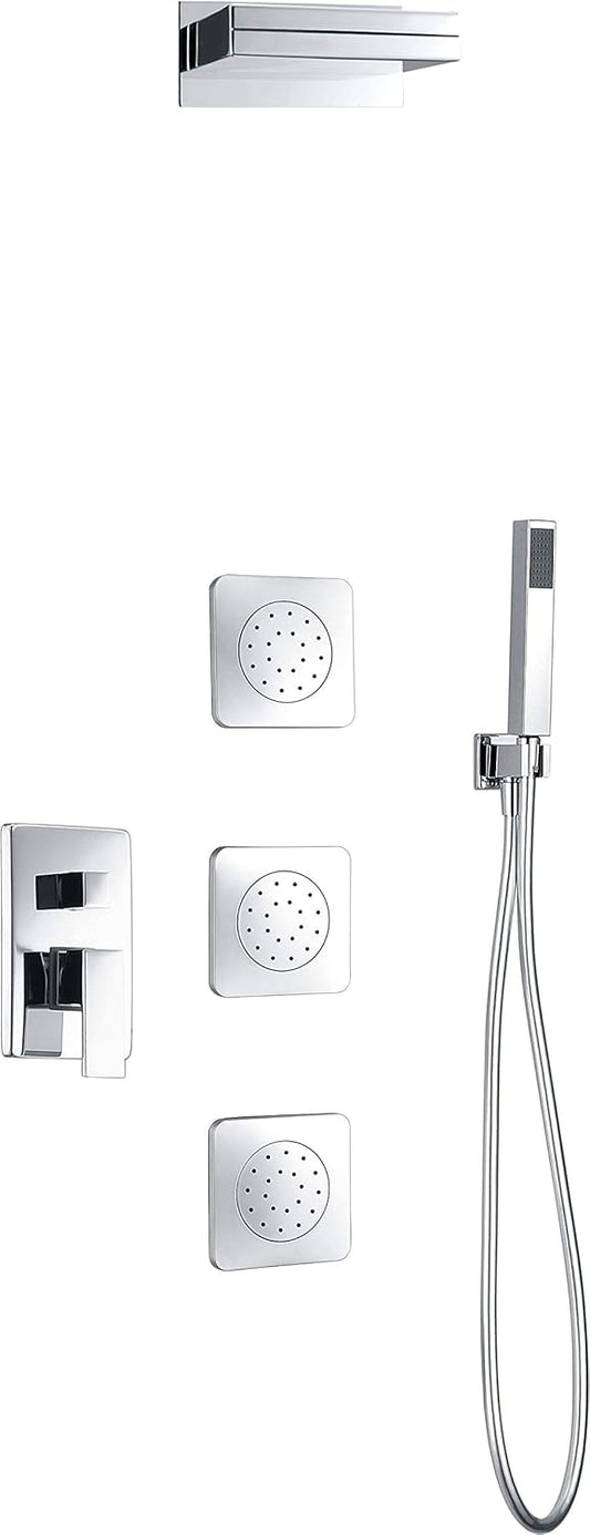 Douchegarnituur – Doucheset – Douchekop – Doucheslang – Douchekraan – Vierkant Design – Chrome Messing – Antikalk Sproeiers – Verstelbare Waterdruk
