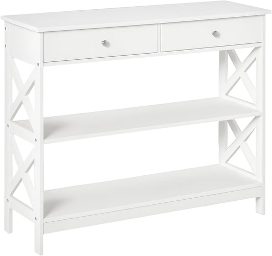 HOMCOM console table side table with sliding drawer and 2-level storage compartments MDF board and X-frame anti-tilt design for living room and entrance White 100 x 30.5 x 80 cm - QUORE