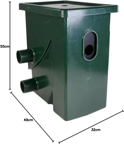 AquaForte CompactSieve, 49 x 32 x 55 cm, zebelement 40 x 24 cm en doorlaat 300 micron, max. vermogen 15 m³/uur, pompingang 3 kranen 25/32/40 mm slangaansluiting, af- en overloopbeveiliging 75 mm