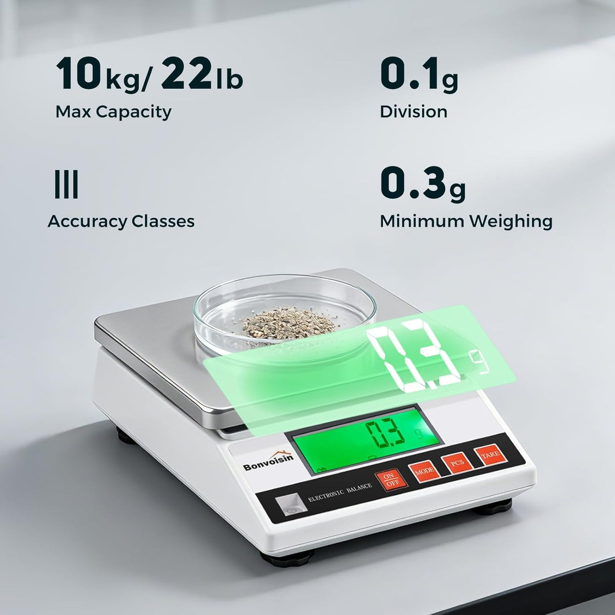 Bonvoisin Precisieweegschaal, 10 kg/0,1 g, industriële weegschaal, digitale analytische weegschaal, laboratoriumweegschaal voor sieraden en school, met CE-certificering, professionele elektronische