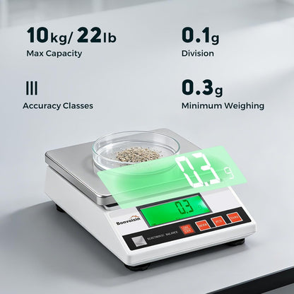 Bonvoisin Precisieweegschaal, 10 kg/0,1 g, industriële weegschaal, digitale analytische weegschaal, laboratoriumweegschaal voor sieraden en school, met CE-certificering, professionele elektronische