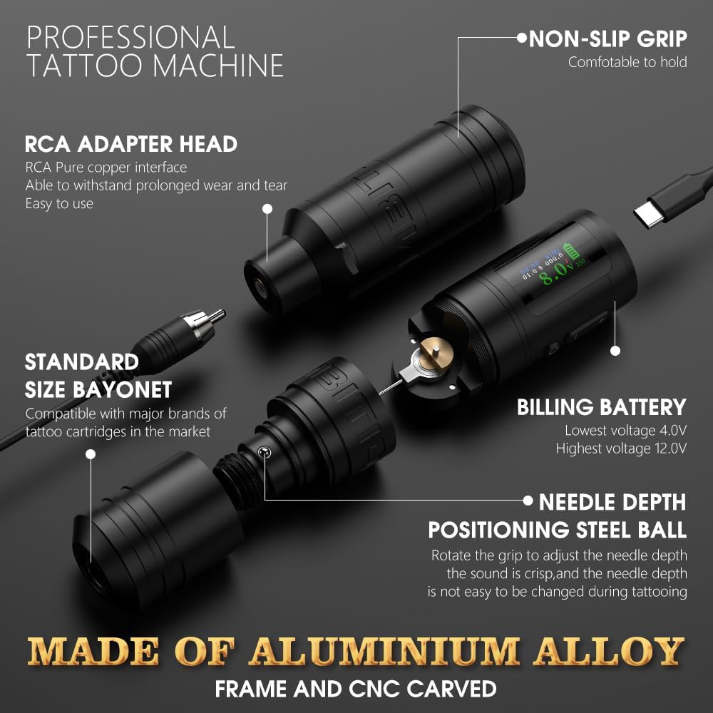 Ambition Ninja Ultra Draadloze tattoo-machine met intelligente factureringsfunctie - Roterende cartridge-pen met 2 stuks 1900 mAh tattoo-pistool Coreless Motor Straight Drive Bar
