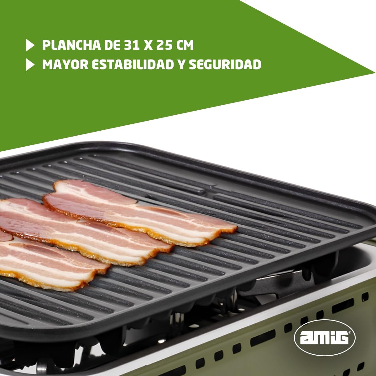 Amig - Camping gas - Portable stove - Grill - Cast aluminium grill - With grease tray made of stainless steel - Power: 1.8 kW - Suitable for B-250 gas cartridges - QUORE