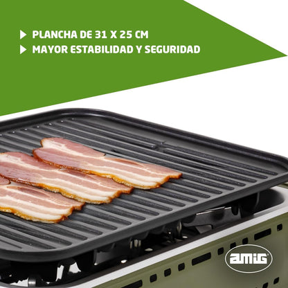 Amig - Camping gas - Portable stove - Grill - Cast aluminium grill - With grease tray made of stainless steel - Power: 1.8 kW - Suitable for B-250 gas cartridges - QUORE