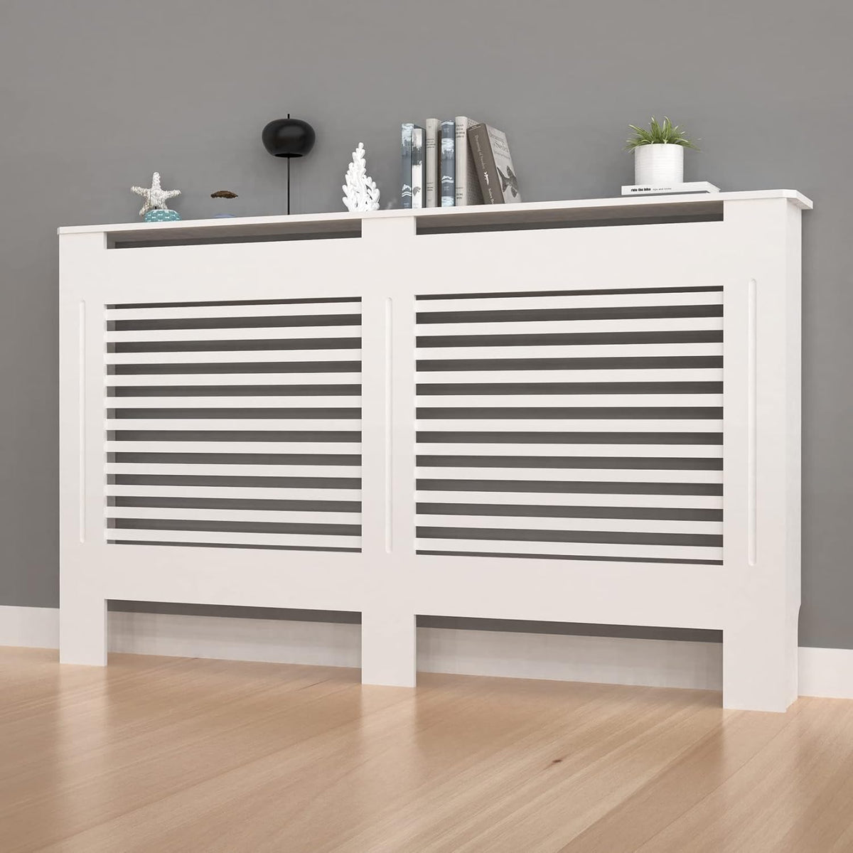 FATIVO Hoge Radiator Cover Houten Kast: Interne Hoogte 100cm Extra Grote Witte Horizontale Lat Heater Covers Moderne Hoge Radiator Plank Dikker MDF Houten Hal Thuis Kantoor Meubels Decoratief