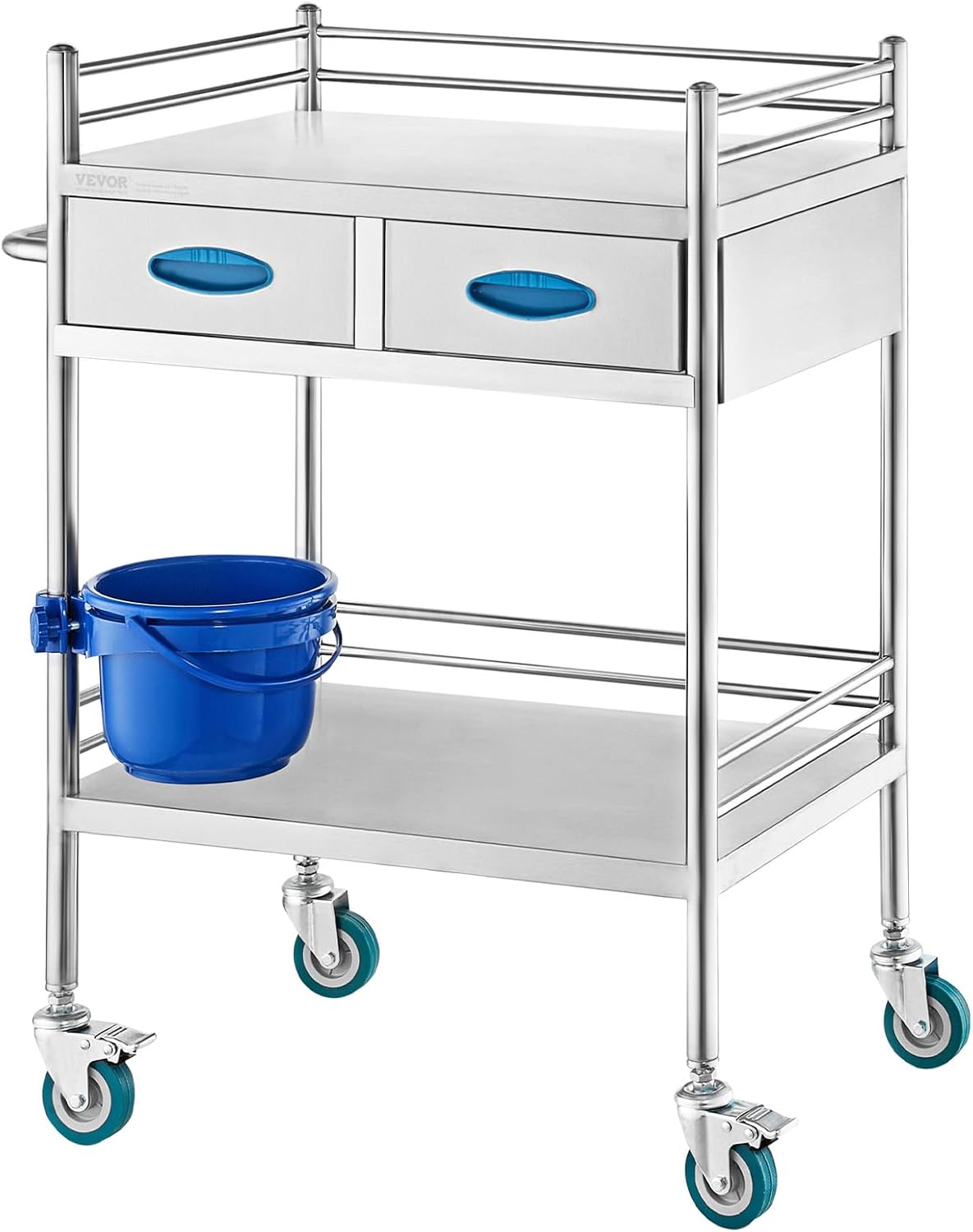 VEVOR Medische trolley met 2 lagen en 2 laden, 59,9 x 42,9 x 85,1 cm, laboratoriumwagen van roestvrij staal, metalen wagen met 4 omnidirectionele wielen voor klinieken, spa en hotels