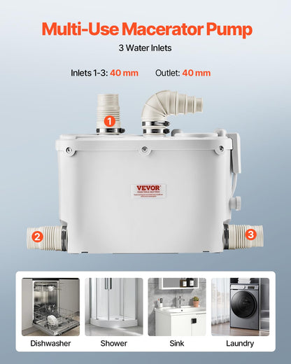 VEVOR Fognario Toilet Shredding Pump, 500 W, Flow Rate 110 LPM, 8 m Head with 4 Water Inputs, Waste Water Drain Machine for Kitchen, Basement, Shower