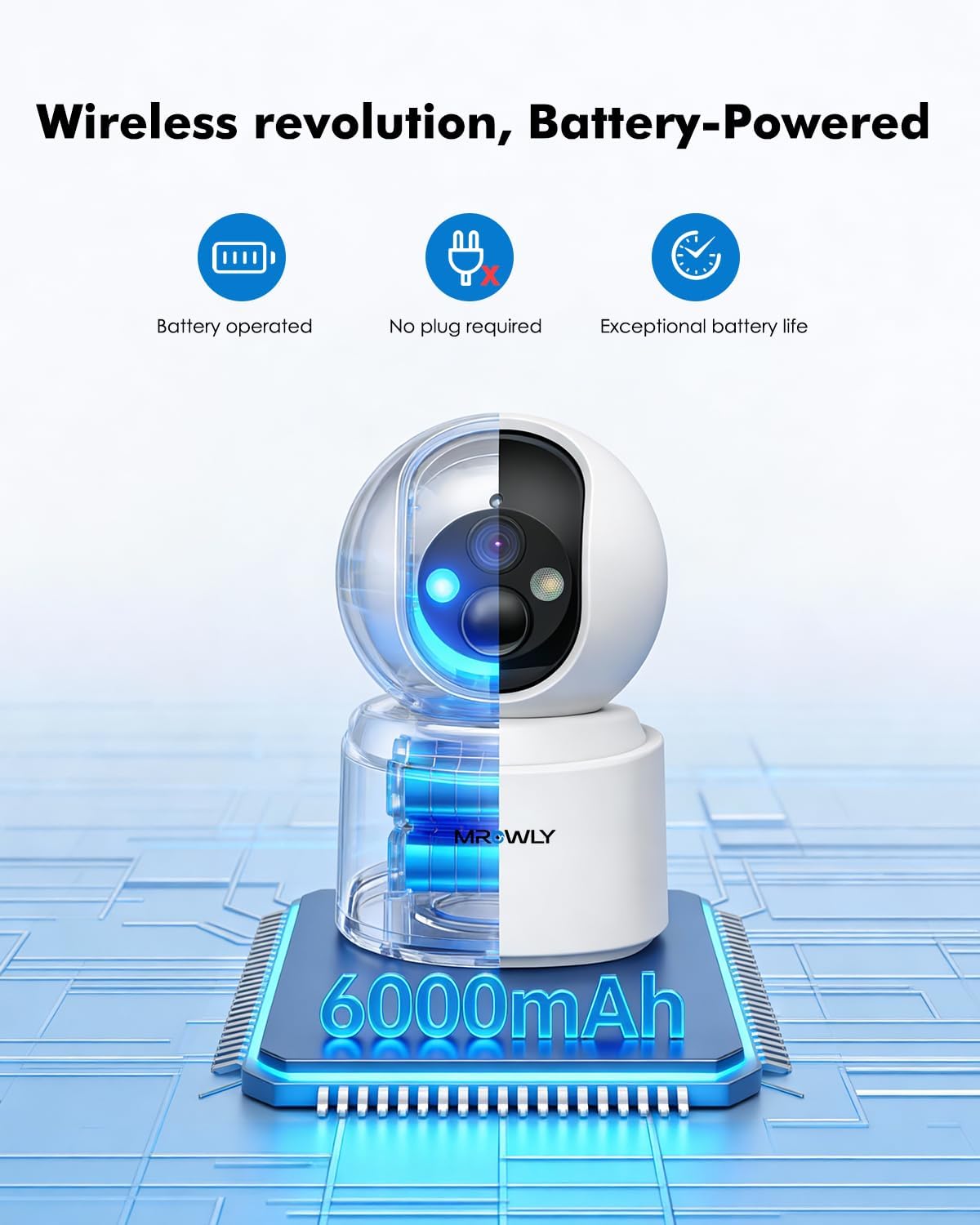 Indoor Camera 2.5K (4MP), Indoor Beveiligingscamera Draadloos met 6000mAh oplaadbare batterij, Dual-Band WiFi 2.4/5GHz, 360° Pan-Tilt, Kleur Nachtzicht, PIR Bewegingsdetectie, SD & Cloud Opslag
