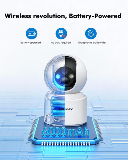 Indoor Camera 2.5K (4MP), Indoor Beveiligingscamera Draadloos met 6000mAh oplaadbare batterij, Dual-Band WiFi 2.4/5GHz, 360° Pan-Tilt, Kleur Nachtzicht, PIR Bewegingsdetectie, SD & Cloud Opslag