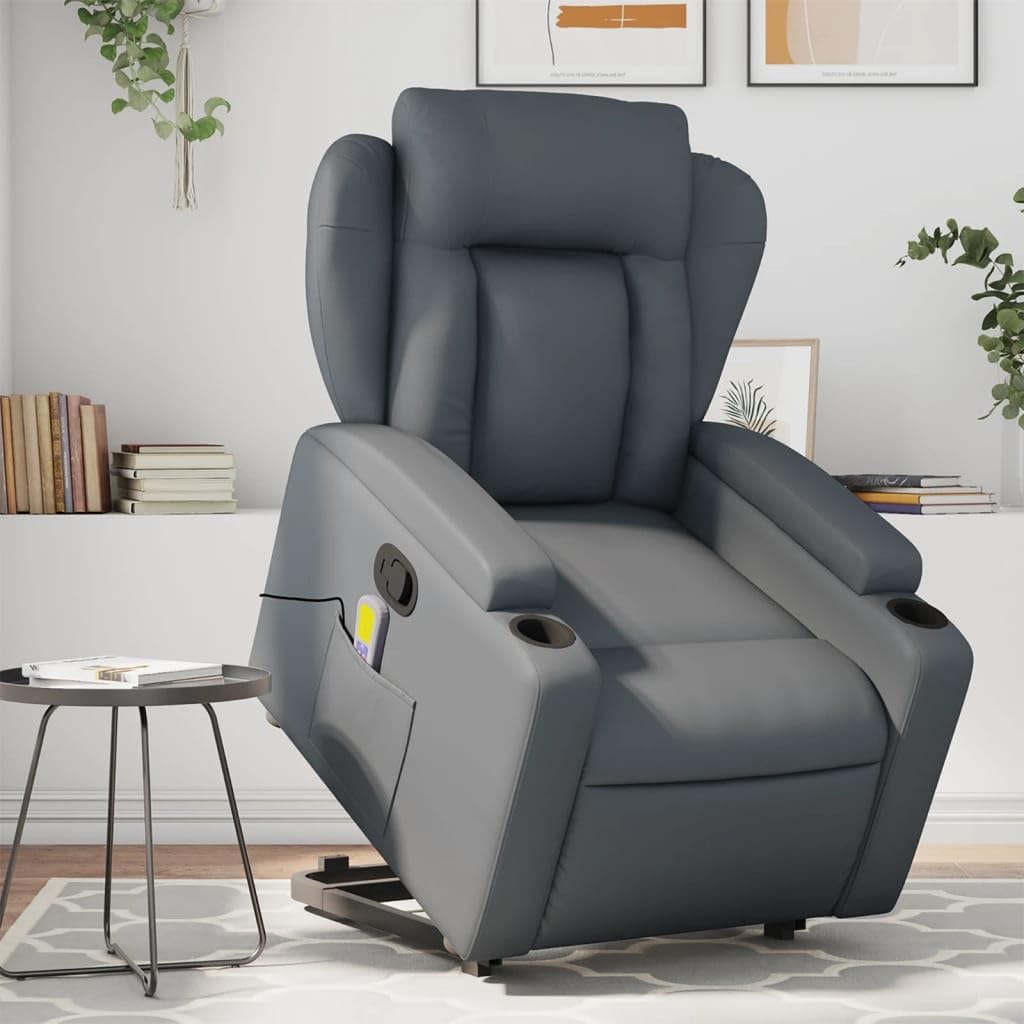 Massagestoel Met Opstahulp – Relaxstoel – Opstastoel – Tv-Stoel – Verstelbare Fauteuil – Grijs Kunstleer – Elektrische Opstahulp – 6-Punts Vibratiemassage
