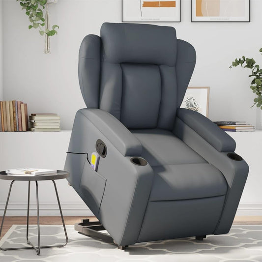 Massagestoel Met Opstahulp – Relaxstoel – Opstastoel – Tv-Stoel – Verstelbare Fauteuil – Grijs Kunstleer – Elektrische Opstahulp – 6-Punts Vibratiemassage