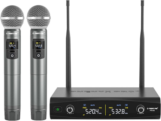 Phenyx Pro Microfoon Draadloos microfoonsysteem met koffer, draadloze handmicrofoonset voor zang, karaoke, kerk, 2 x 30 UHF instelbare frequenties, 200 ft bereik (PTU-52)