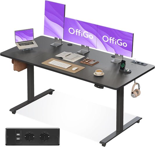 OffiGo Bureau Assis-Debout, 160 cm Elektrisch Bureau met Stopcontacten en USB, Standing Desk met 2 Geheugenstanden, Elektrische Tafel voor Thuis, Zwart