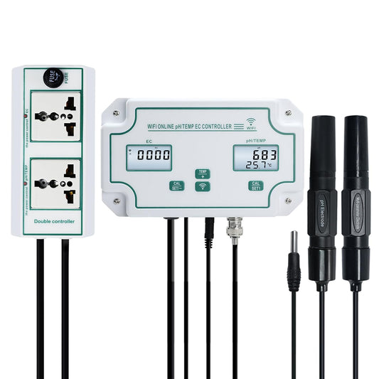 Slimme Wifi-waterkwaliteitstester pH-, EC- en Temperatuurmonitor Continue Online Monitoringstester met Lcd-scherm, App-meldingen, Realtime Gegevens, Vervangbare Sondes voor Hydrocultuur en Aquaria