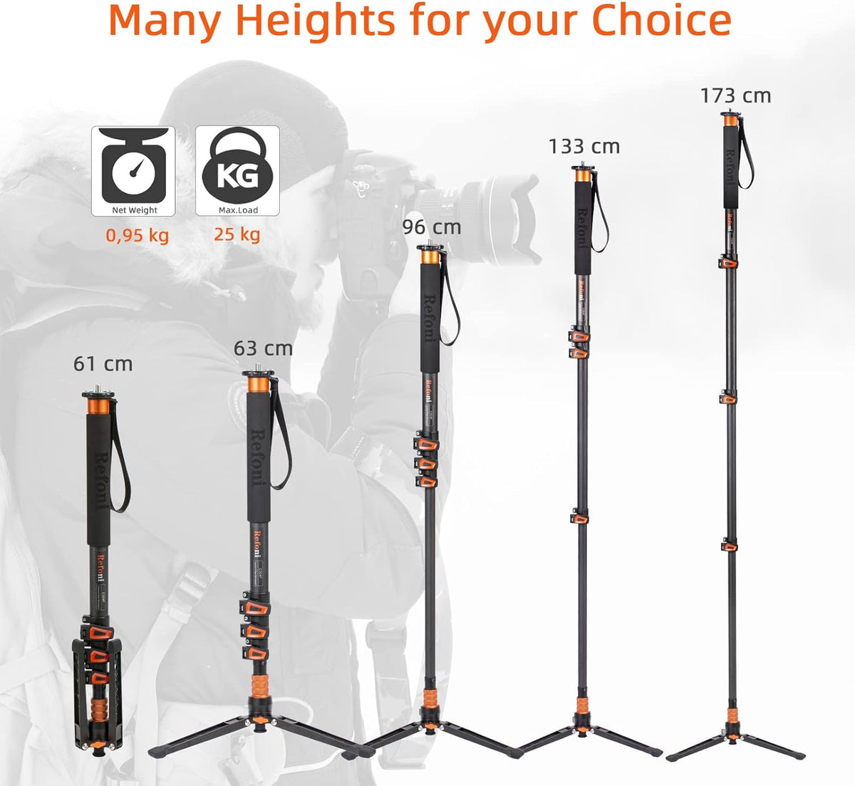 C304F Koolstofvezel monopod camera monopod, 173 cm telescopisch reismonopod 4-segmentair met afneembare statiefvoet, belastbaar tot 25 kg voor DSLR-camera camcorder