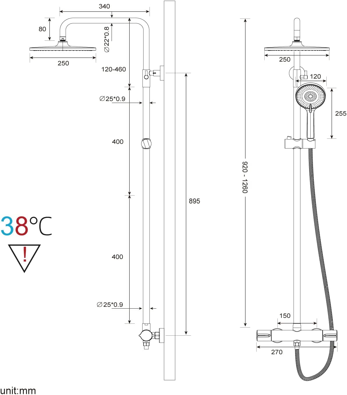 Rainsworth Douchesysteem met thermostaat, chroom, complete set met 25 cm ronde regendouche, douchekop, 3 straalsoorten, douchekop, 92-126 cm in hoogte verstelbaar, regendouche met kraan, doucheset