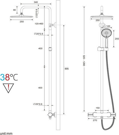 Rainsworth Douchesysteem met thermostaat, chroom, complete set met 25 cm ronde regendouche, douchekop, 3 straalsoorten, douchekop, 92-126 cm in hoogte verstelbaar, regendouche met kraan, doucheset