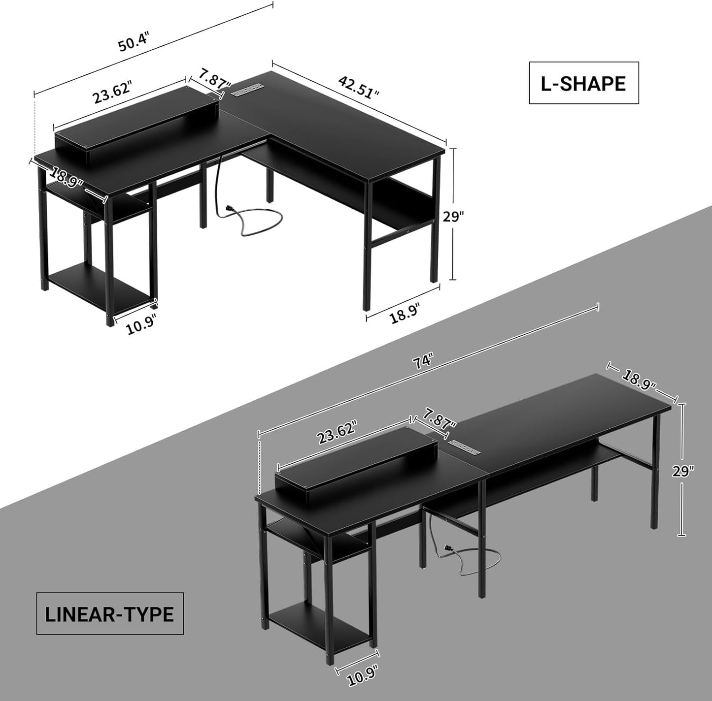 L-vormig bureau, gamingbureau met LED-verlichting, omkeerbaar computerbureau met opbergplanken, hoektafel met monitorstandaard voor thuis, kantoor, zwart