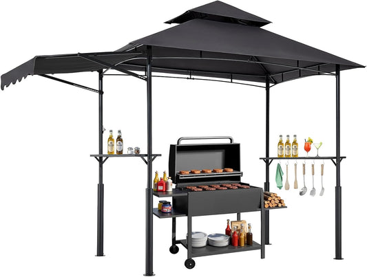 VEVOR Grillpaviljoen, 2,4 x 1,5 m dubbel gelaagd bovenblad, versterkt barbecue-paviljoen met extra luifel, gepoedercoat stalen terrasgrillonderdak met 2 zijplanken en haken, buitengrillluifel voor