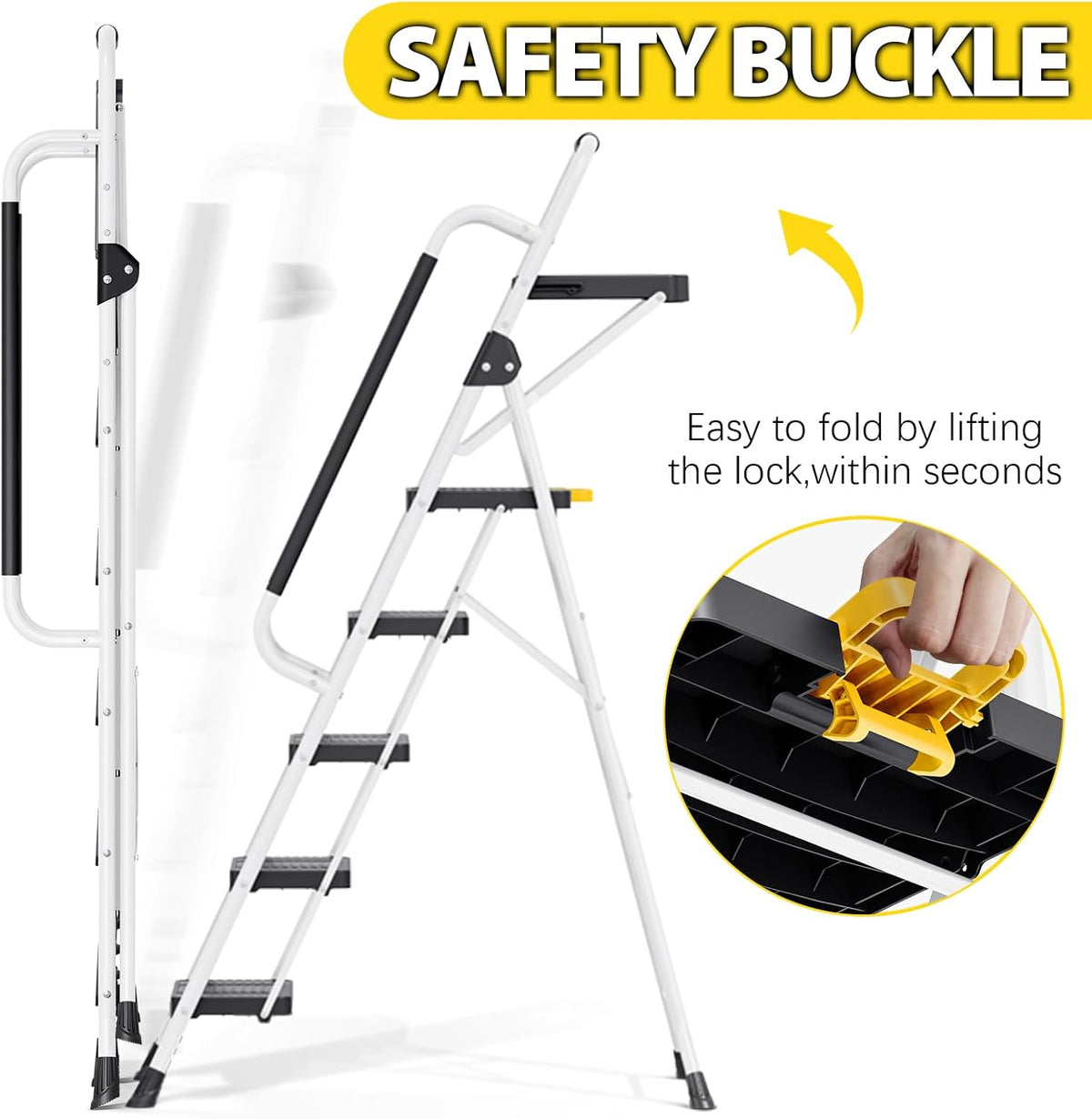 KINGRACK Ladder 5-staps met 150kg Capaciteit, Opvouwbaar Trapladder Vouwladder met Veilige Vergrendeling Gereedschapsbak Brede Antislip Pedalen Leuningen, Huishoudladder voor Thuis Kantoor Kasten, Wit