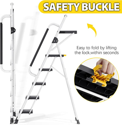 KINGRACK Ladder 5-staps met 150kg Capaciteit, Opvouwbaar Trapladder Vouwladder met Veilige Vergrendeling Gereedschapsbak Brede Antislip Pedalen Leuningen, Huishoudladder voor Thuis Kantoor Kasten, Wit