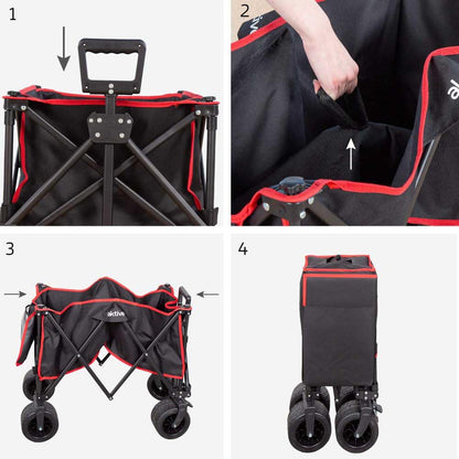 AKTIVE Strandtafelwagen, voor het transporteren van strand-, tuin- of campingaccessoires, zwart, 100 kg, stabiele 360° zwenkwielen met rem, meerhoekgreep, tas, afdekkingen, stoelframe (62373)