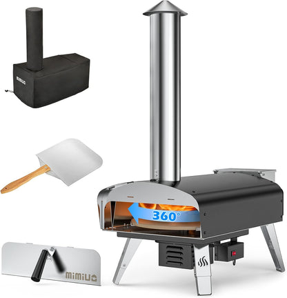 Mimiuo Pizzaoven met schep en pizzasteen, pelletkachel voor pizza met automatisch roterend grillsysteem, zwart (wereldwijd patent)