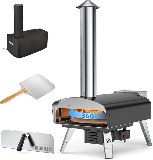 Mimiuo Pizzaoven met schep en pizzasteen, pelletkachel voor pizza met automatisch roterend grillsysteem, zwart (wereldwijd patent)