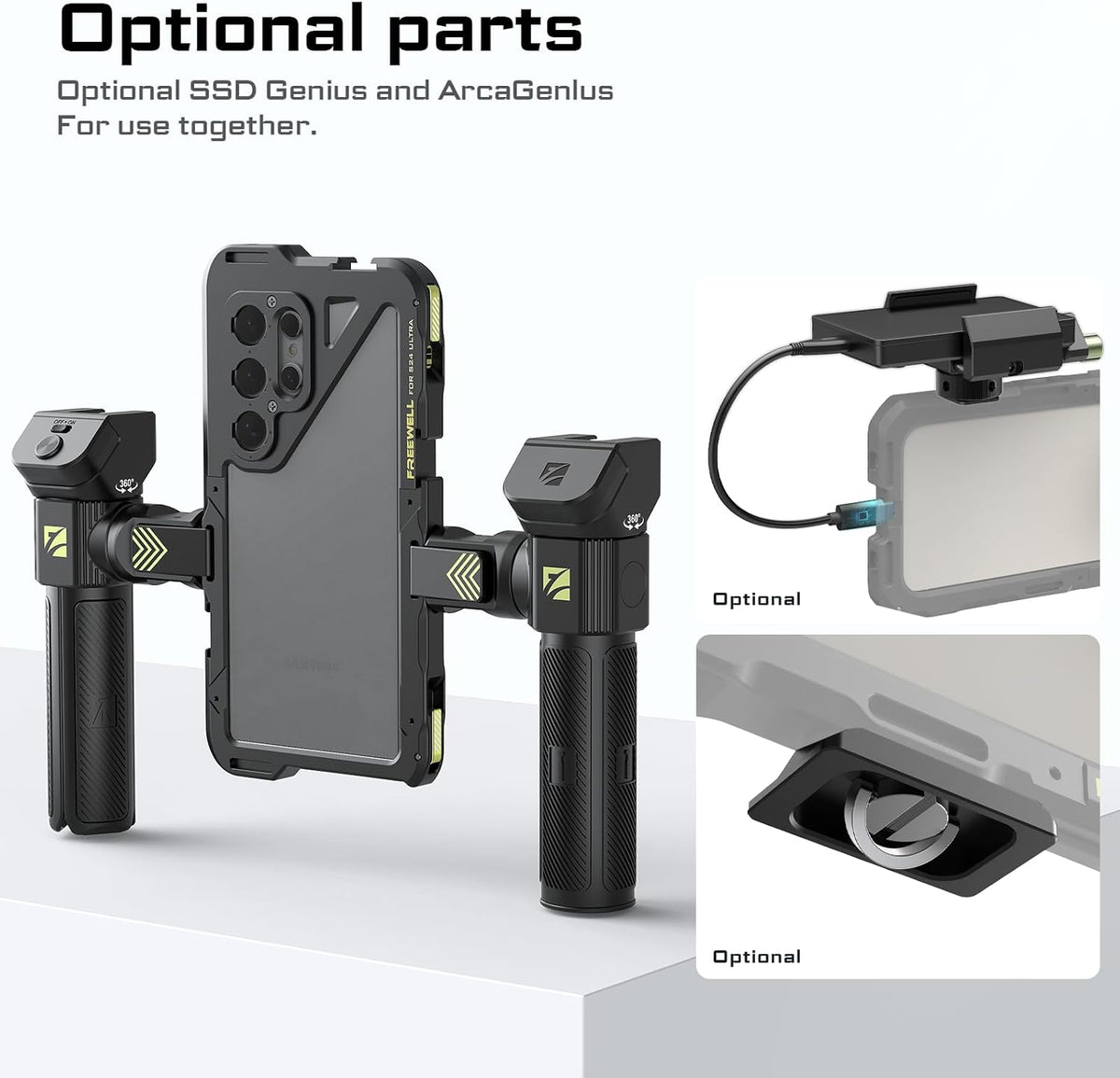 Freewell Genius Rig Cage voor Samsung S25 Ultra - gereedschapsvrije installatie, statief- en monopod-handgrepen, Bluetooth-afstandsbediening, flexibele bevestigingen voor professioneel filmen