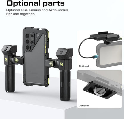 Freewell Genius Rig Cage voor Samsung S25 Ultra - gereedschapsvrije installatie, statief- en monopod-handgrepen, Bluetooth-afstandsbediening, flexibele bevestigingen voor professioneel filmen