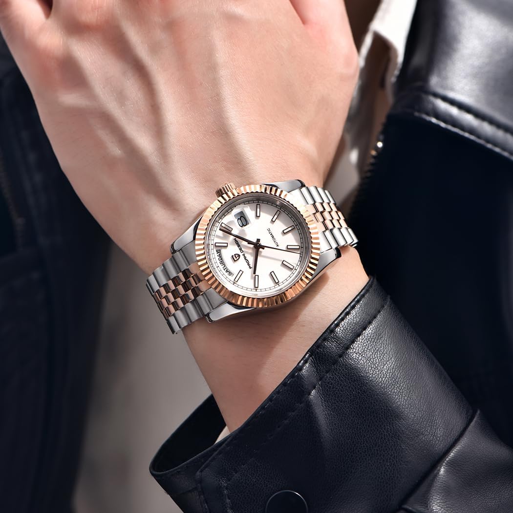 Pagani Design herenhorloge DD36, een luxe herenhorloge met een gouden wijzerplaat, Dual Date Display, Sapphire Crystal Glass, Roestvrij stalen kast, 10 bar waterbestendigheid, en ST16 uurwerk.