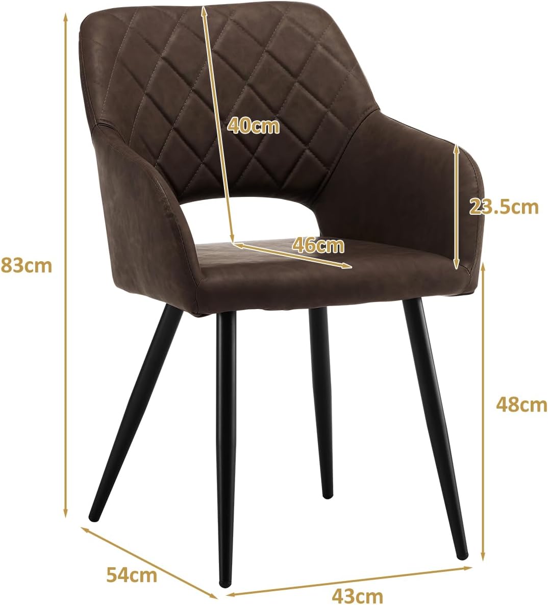 TUKAILAI Set van 2 kunstleren eetkamerstoelen, gestoffeerd, met open rugleuning, armleuningen, gevoerde zitting, metalen poten, stoelen voor woonkamer, eetkamer, keuken, bruin - QUORE